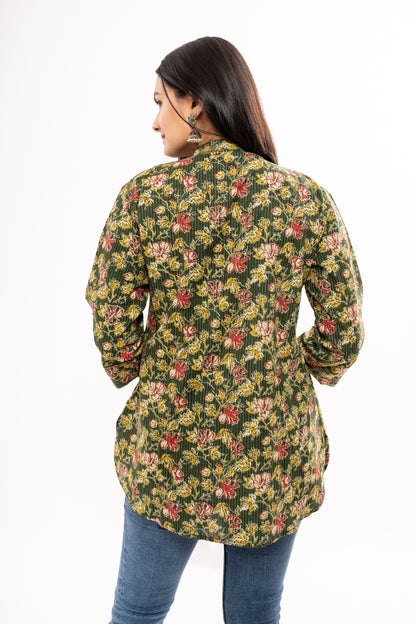 Ekisha's women green floral printed kantha cotton tunic top short kurti, back view