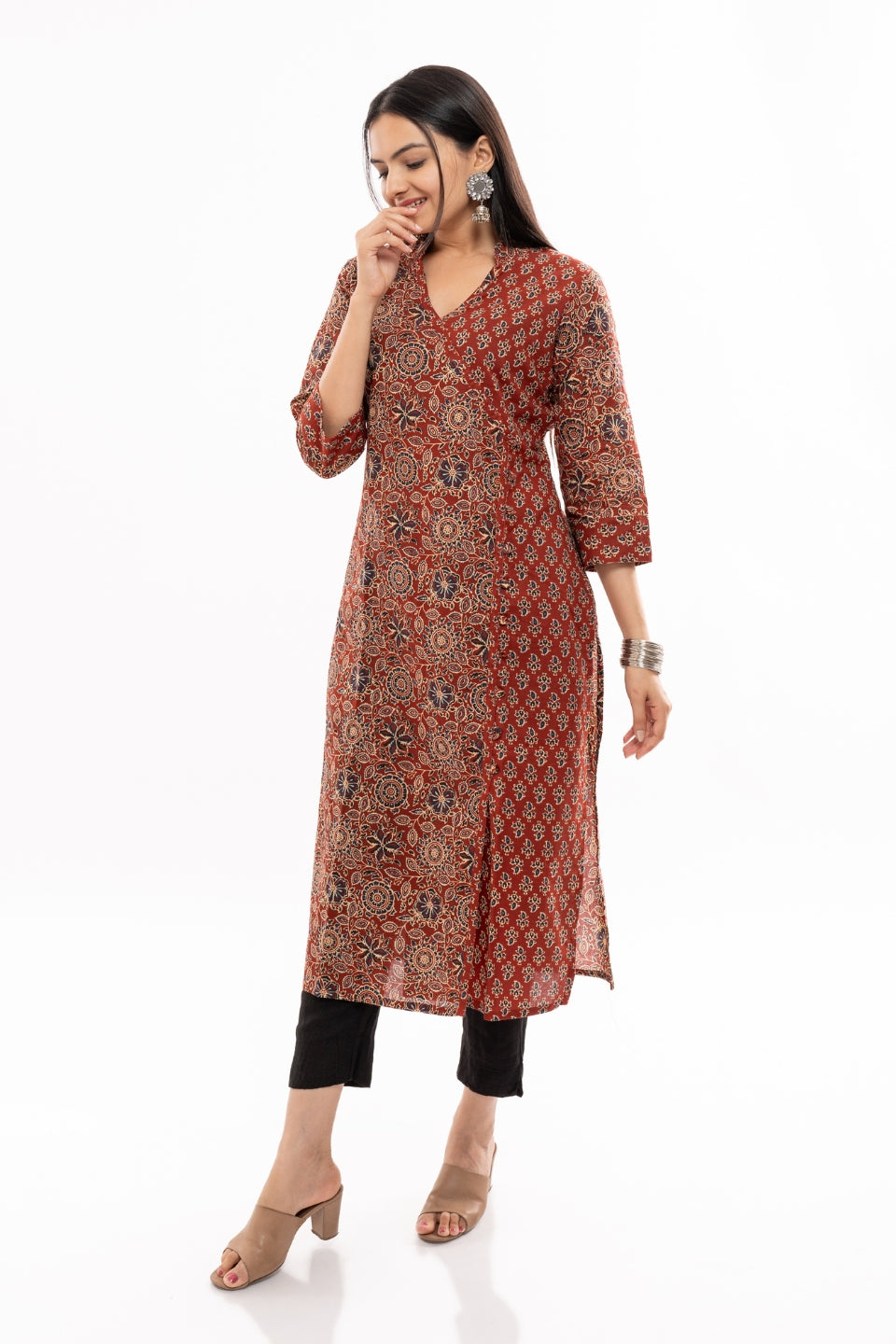 Ekisha women's cotton maroon floral printed angrakha kurta kurti - Ekisha