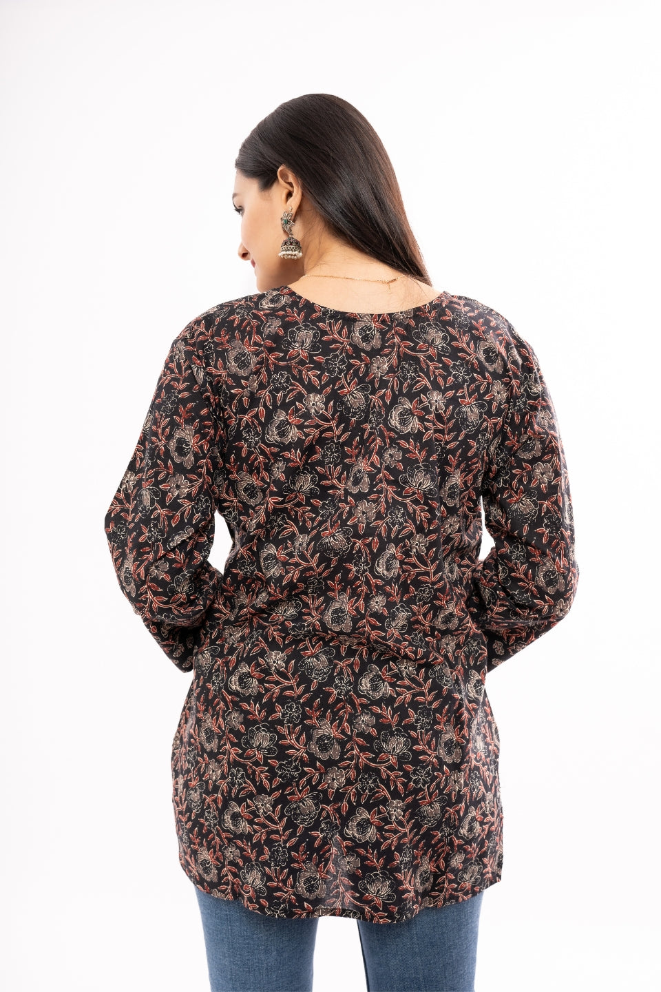 Ekisha's women black kalamkari floral printed cotton tunic top short kurti, back view
