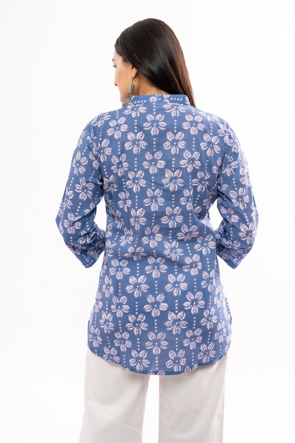 Ekisha's women blue floral printed cotton tunic top short kurti, back view