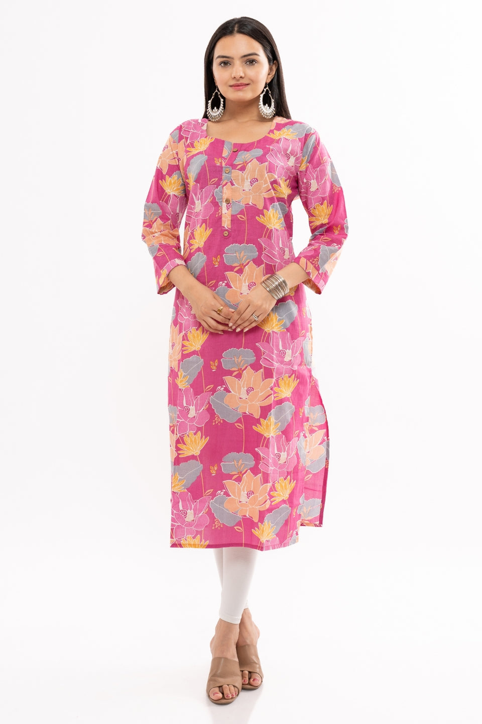 Ekisha women's cotton pink printed straight floral kurta kurti round neck, front view