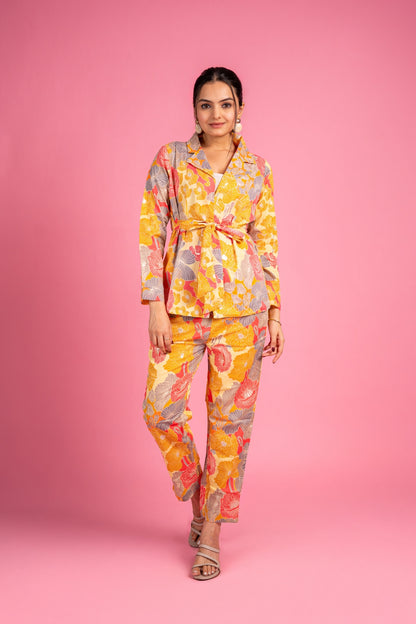 Ekisha's women muslin printed yellow floral co-ord set, front view