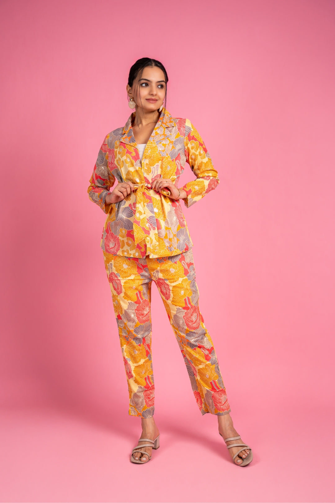 Ekisha's women muslin printed yellow floral co-ord set, front view 2