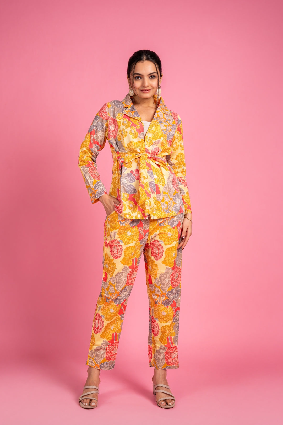 Ekisha's women muslin printed yellow floral co-ord set, front view 3