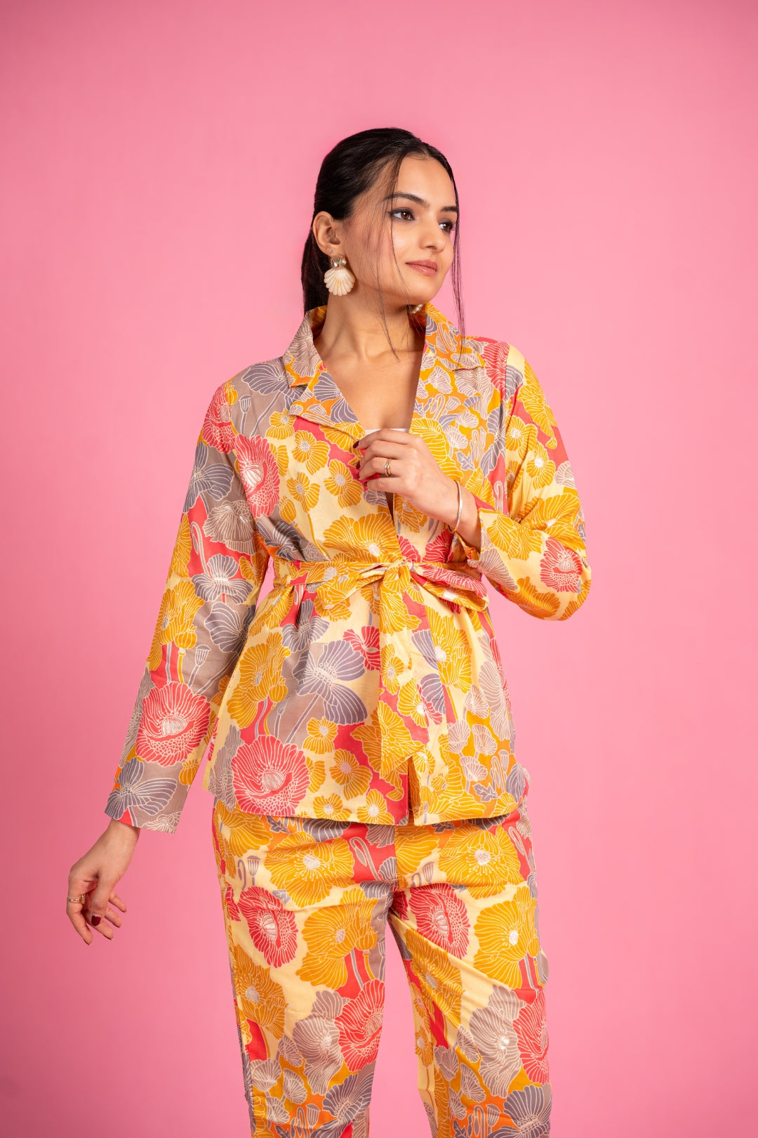 Ekisha's women muslin printed yellow floral co-ord set, side view