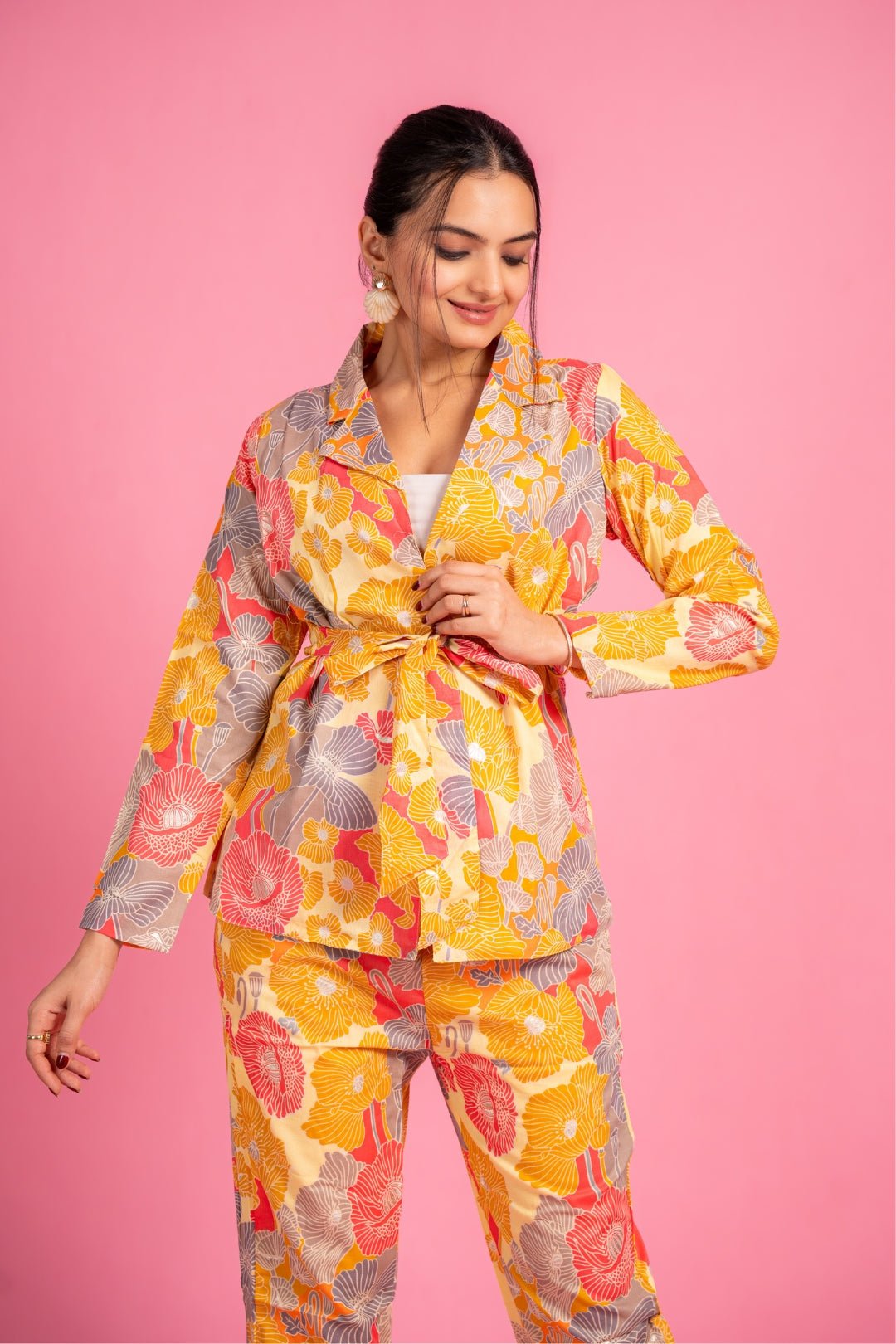 Ekisha's women muslin printed yellow floral co-ord set, detailed view