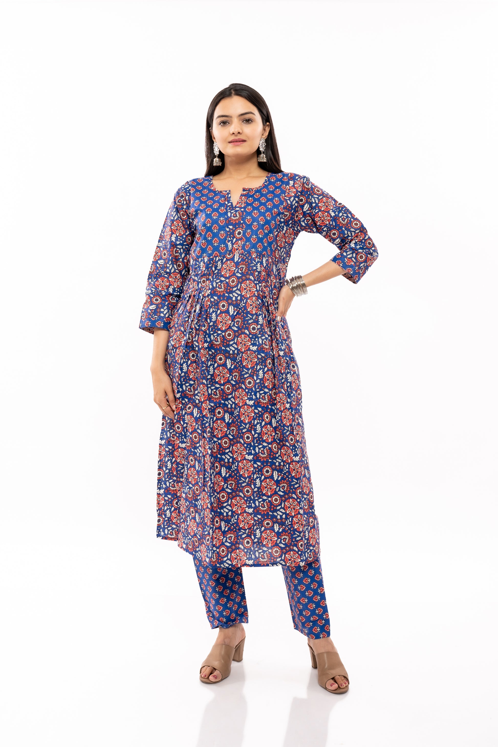 Ekisha's women floral printed royal blue cotton kurta and pant set - Ekisha