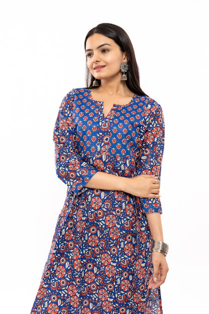 Ekisha's women floral printed royal blue cotton kurta and pant set - Ekisha