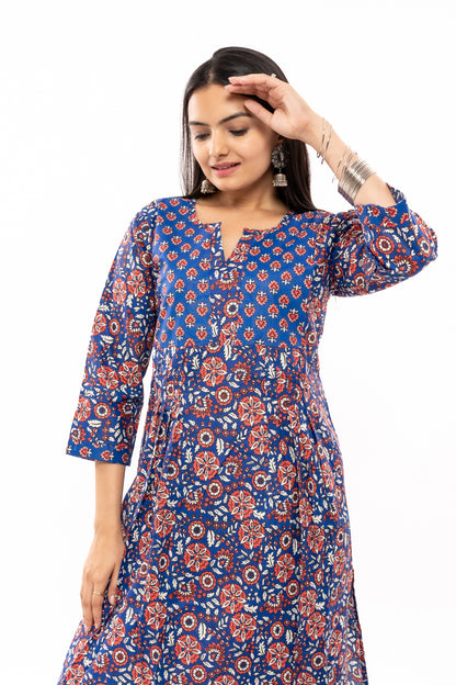 Ekisha's women floral printed royal blue cotton kurta and pant set - Ekisha