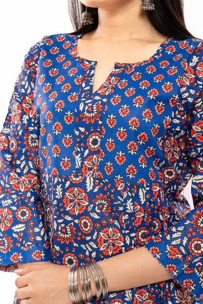 Ekisha's women floral printed royal blue cotton kurta and pant set - Ekisha