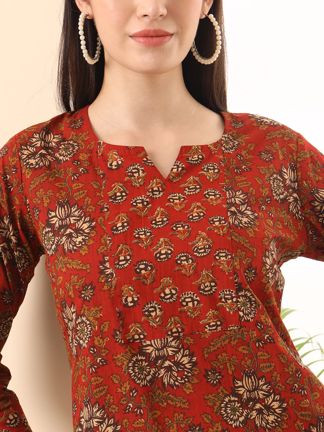 Ekisha's women red designer floral printed cotton tunic top short kurti, detailed view