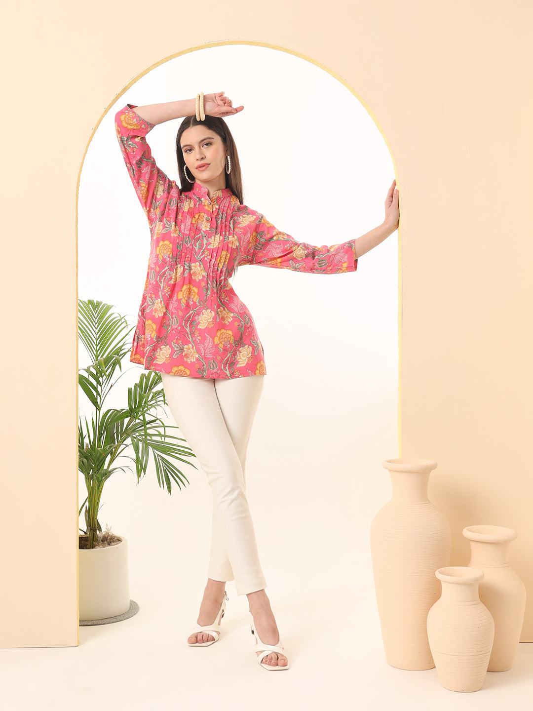 Ekisha's women pink designer floral printed cotton tunic top short kurti, front view