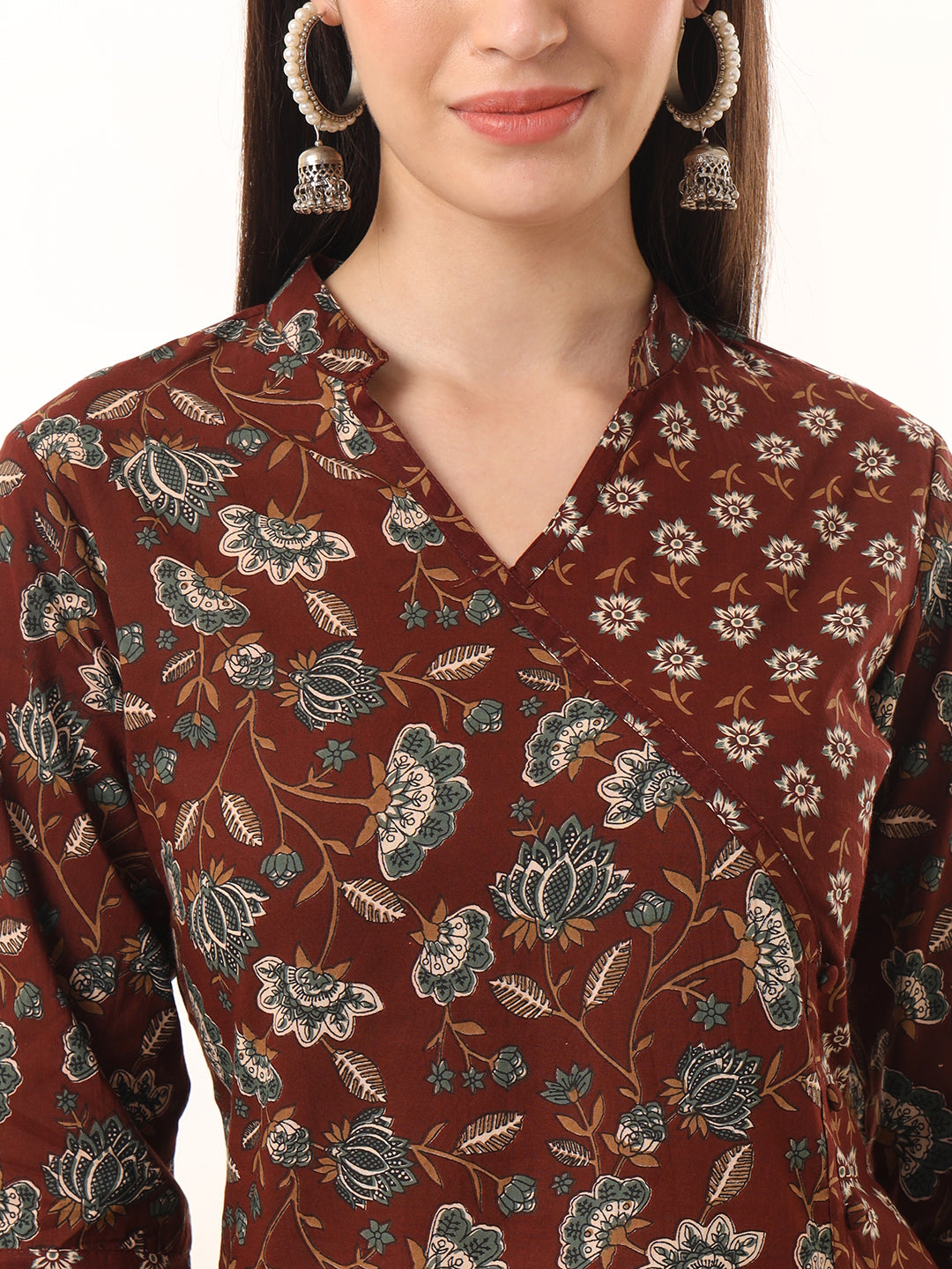 Ekisha women's cotton brown floral printed angrakha kurta kurti, detailed view