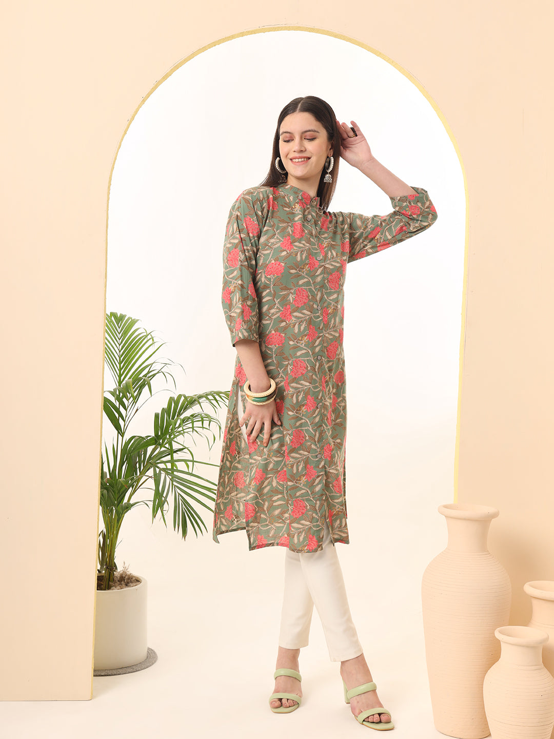 Ekisha women's pista beautiful designer printed floral printed straight kurta kurti, front view