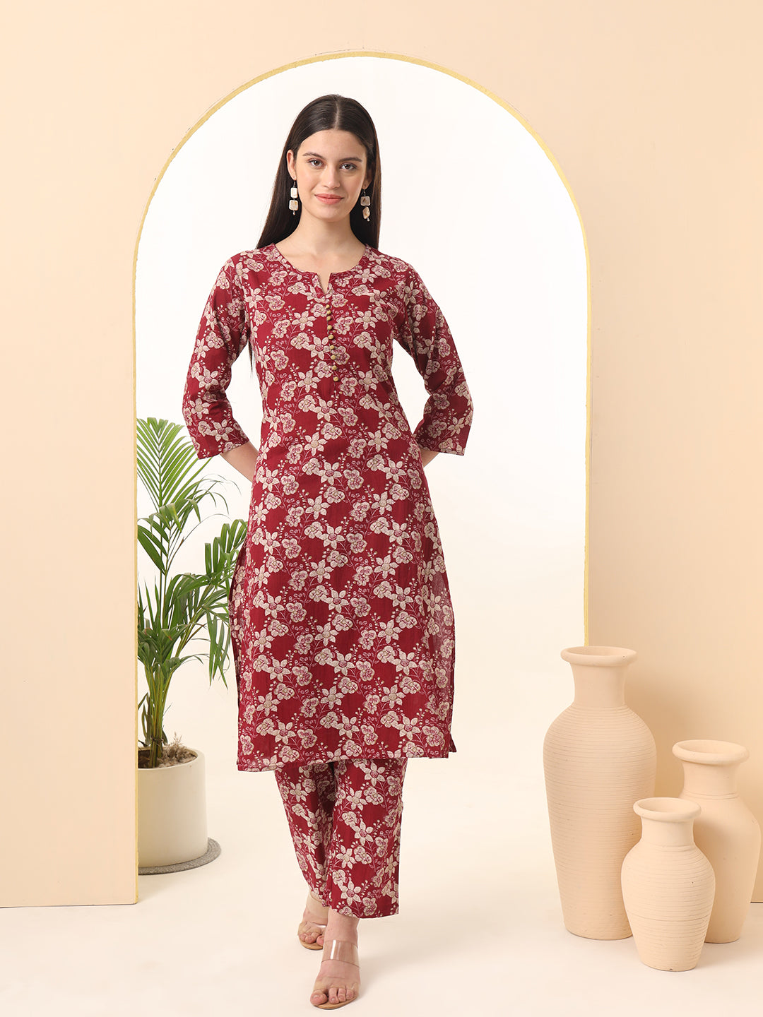 Ekisha's women maroon beautiful floral printed cotton co-ord set kurta set, front view